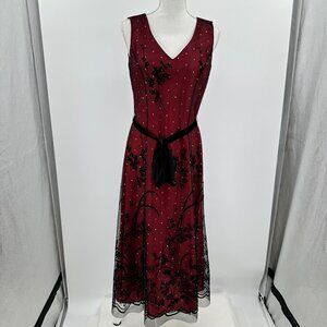 Coldwater Creek Red Black Floral Mesh Overlay Midi Dress Size 6